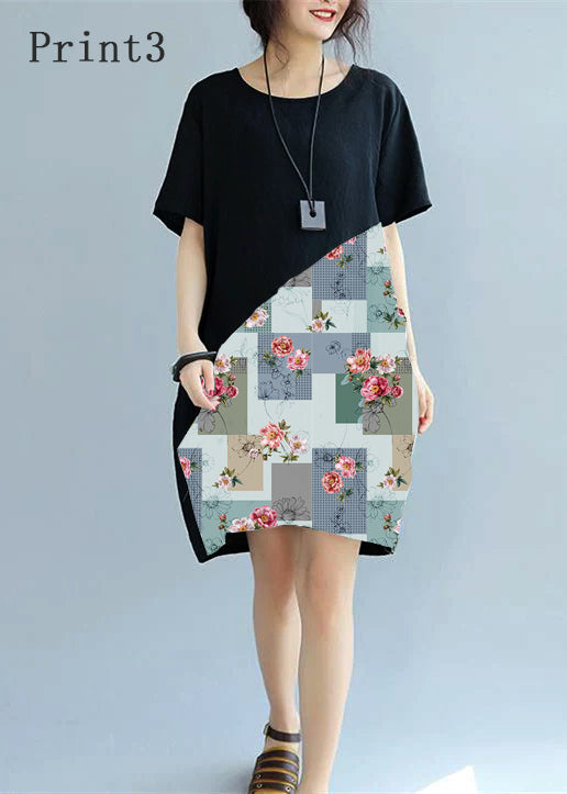 Black Patchwork Linen Animal Print Dress