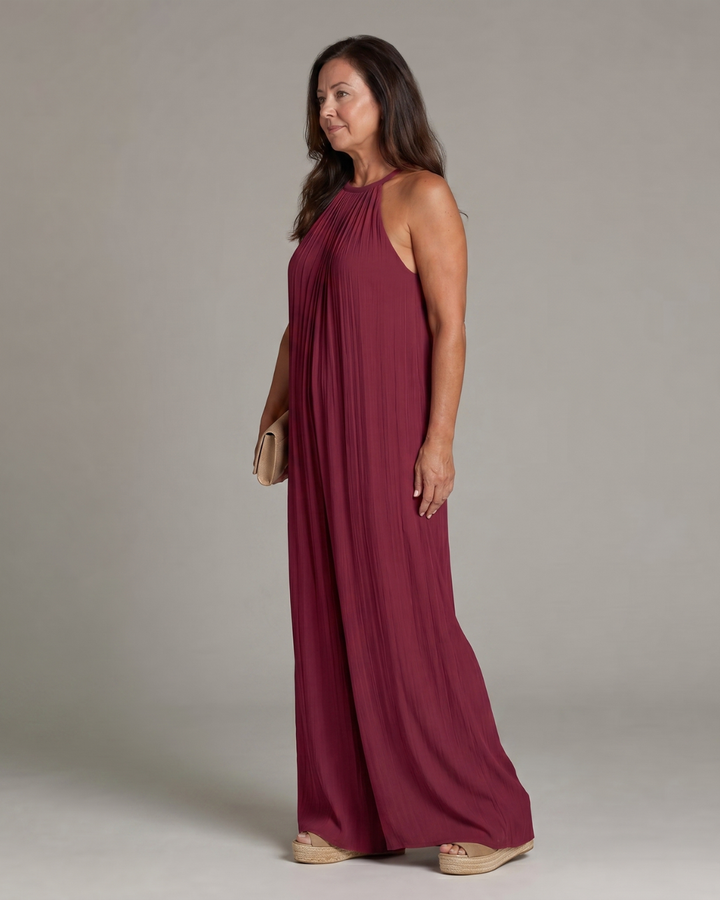 Sylvara | Pleated Halterneck Wide Leg Relaxed Jumpsuit