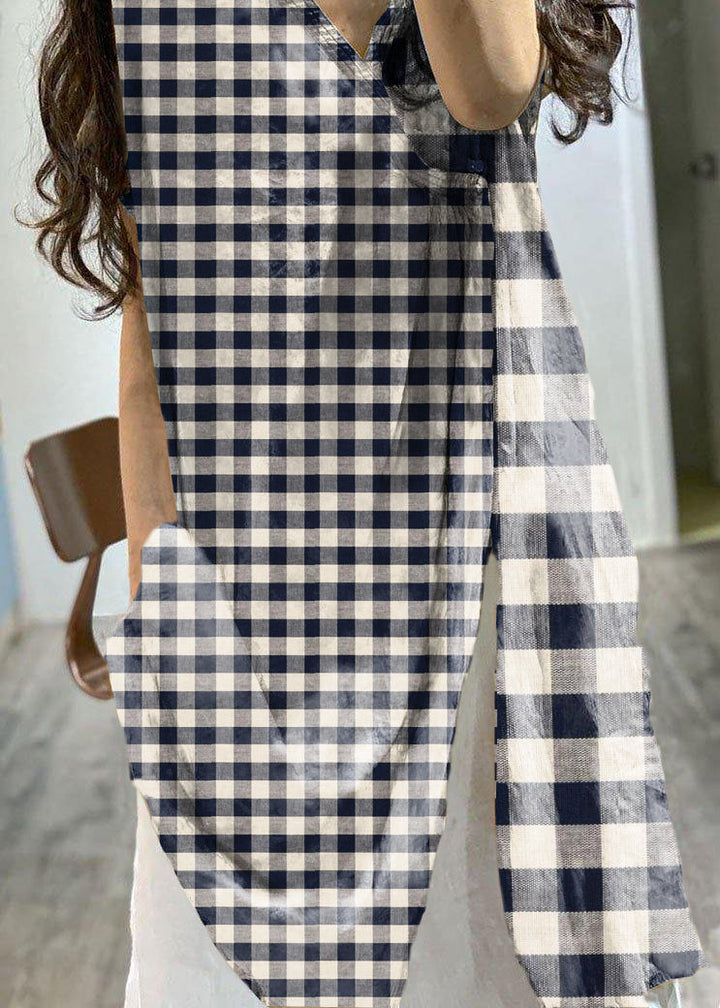 Simple V-neck Printed Linen Dress with Side Open Loose Fit