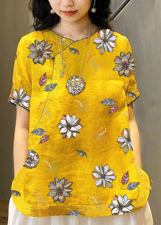 Yellow Embroidered Chinese Style Linen Top
