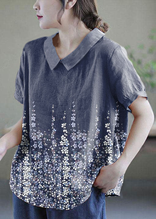Women’s Pink Peter Pan Collar Patchwork Summer Ramie Shirts Short Sleeve