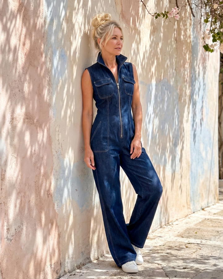 Samantha | Zipper Front Sleeveless Denim Wide-Leg Jumpsuit