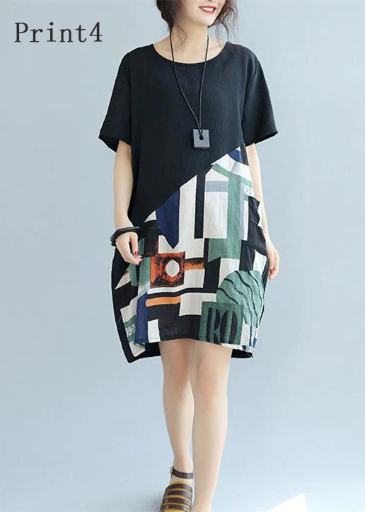 Black Patchwork Linen Animal Print Dress