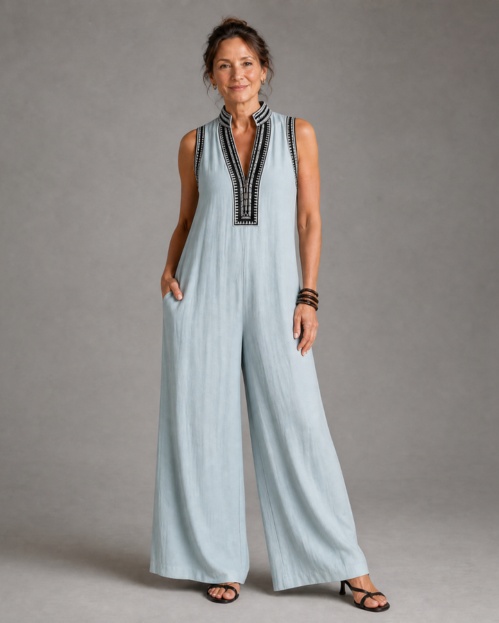 Velmira | Embroidered V-Neck Sleeveless Jumpsuit with Wide Leg