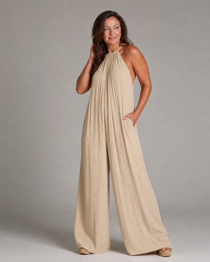 Sylvara | Pleated Halterneck Wide Leg Relaxed Jumpsuit