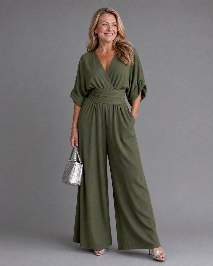 Emene | Draped V-Neck Wide-Leg Casual Jumpsuit