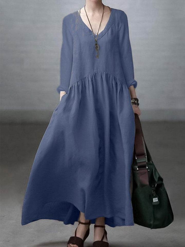 Simple and Casual Dress Made of Cotton and Linen with V-Neck