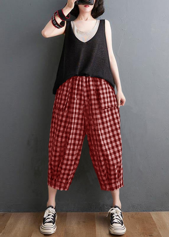 Plus Size Plaid Elastische Taille Lässige Haremshose Sommer Baumwolle Leinen