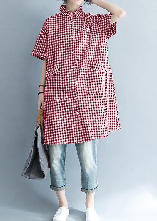 Unique Black and White Checkered Cotton-Linen Shirts for Women, Stylish Lapel Pockets, Oversized Summer Shirts
