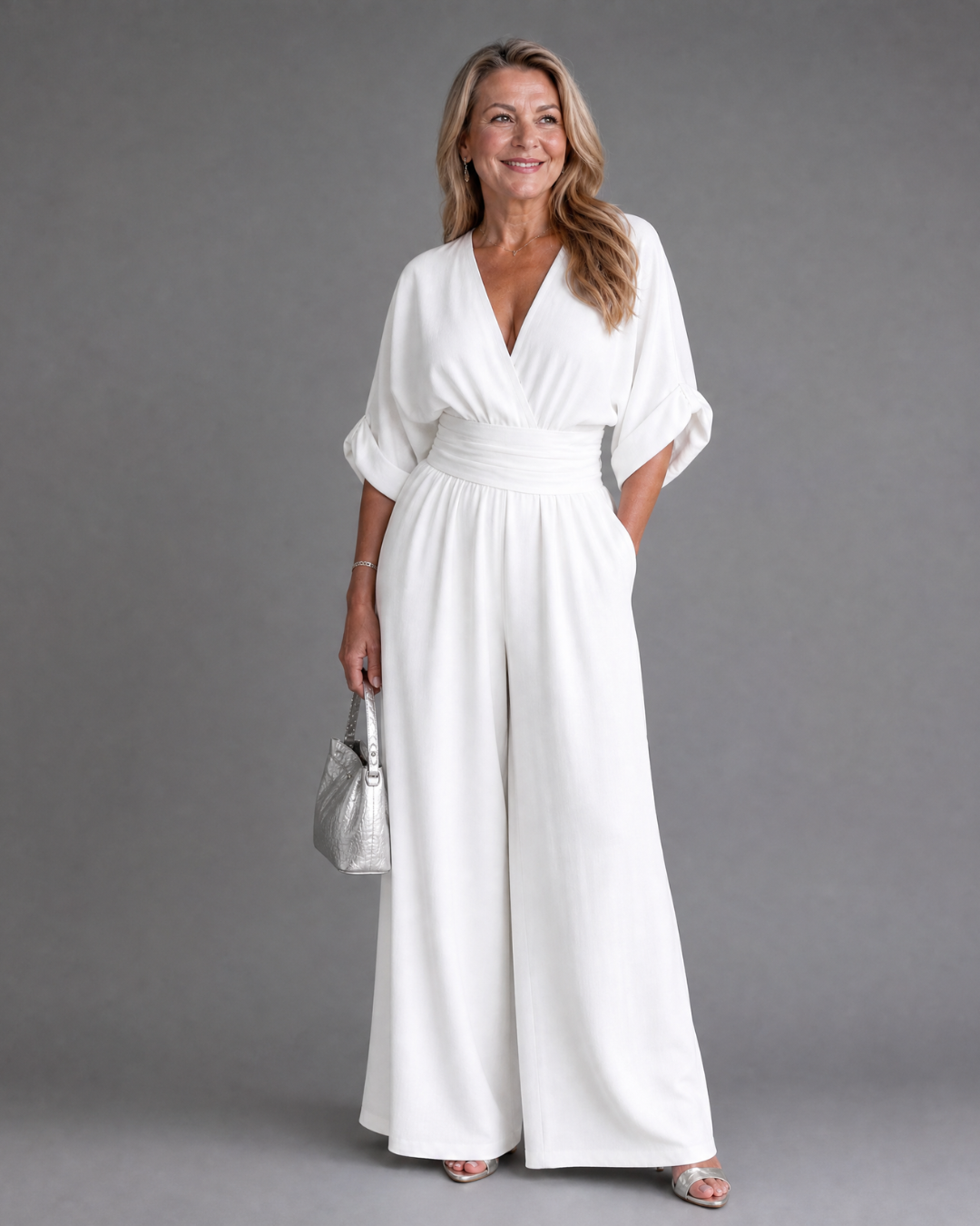 Emene | Draped V-Neck Wide-Leg Casual Jumpsuit