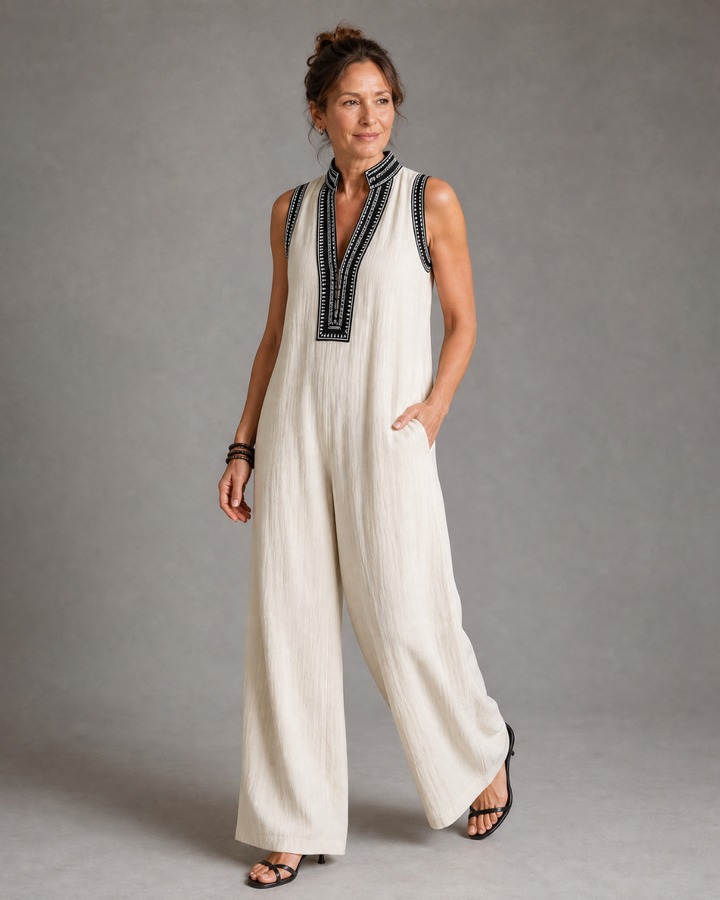 Velmira | Embroidered V-Neck Sleeveless Jumpsuit with Wide Leg