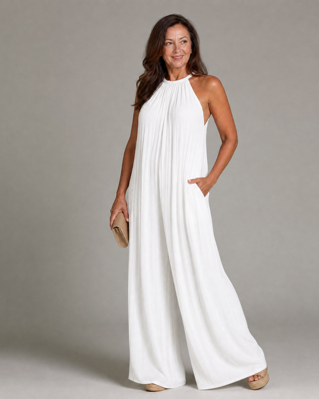 Sylvara | Pleated Halterneck Wide Leg Relaxed Jumpsuit