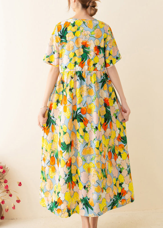 Yellow Print O-Neck Linen Tunic Dress