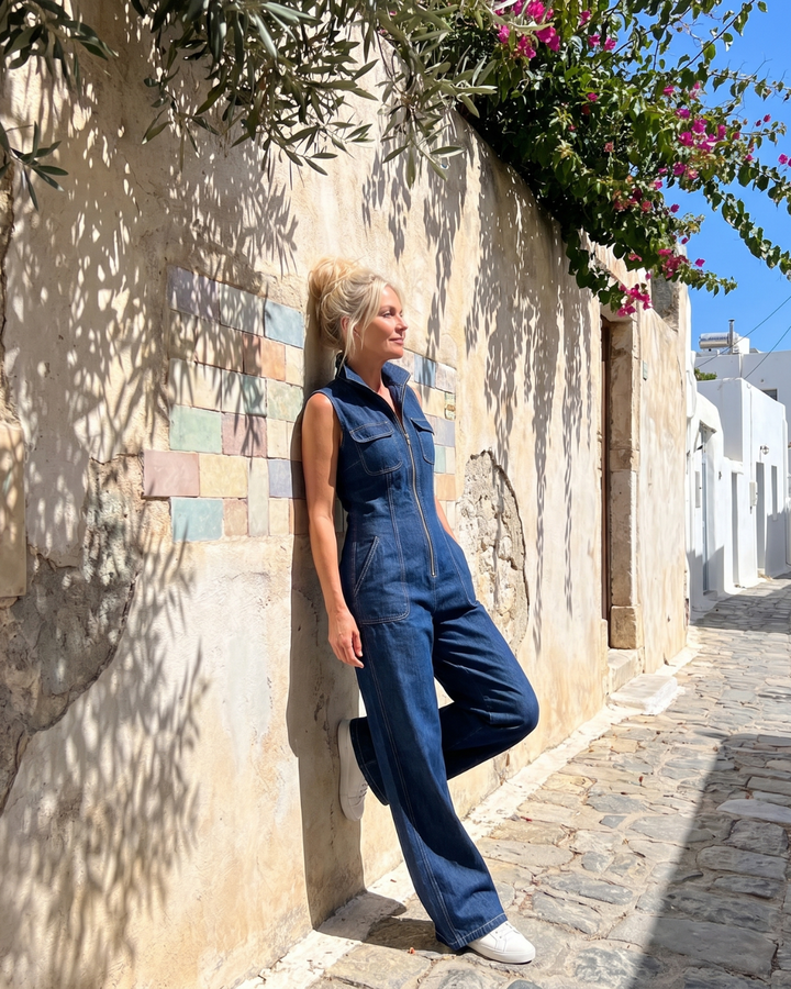 Samantha | Zipper Front Sleeveless Denim Wide-Leg Jumpsuit