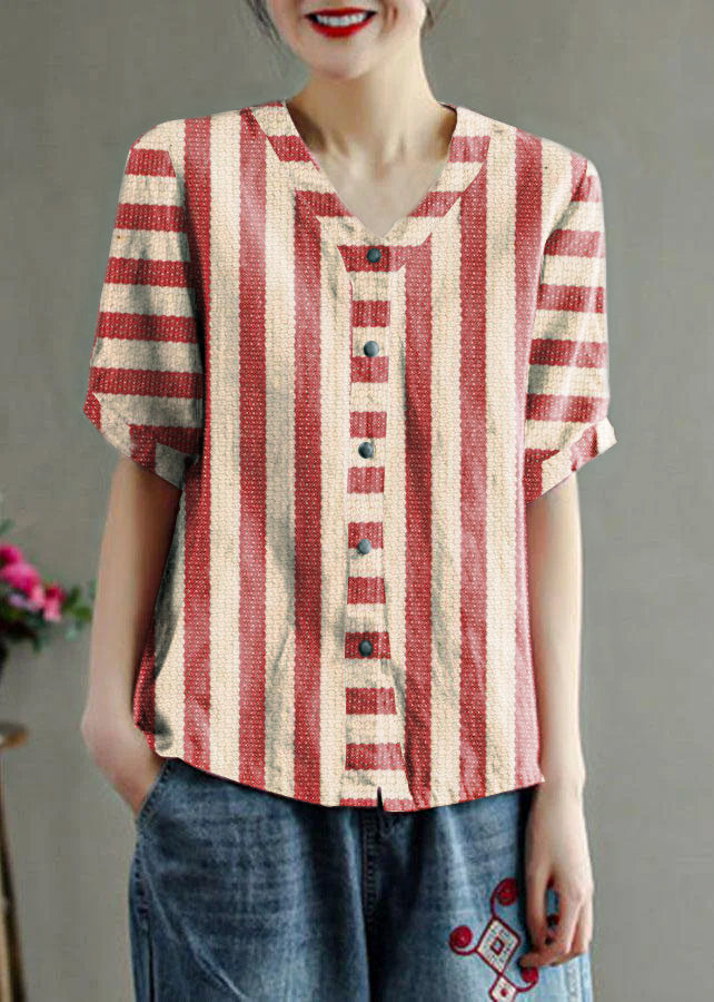 Pink V-Neck Floral Linen Summer Shirt