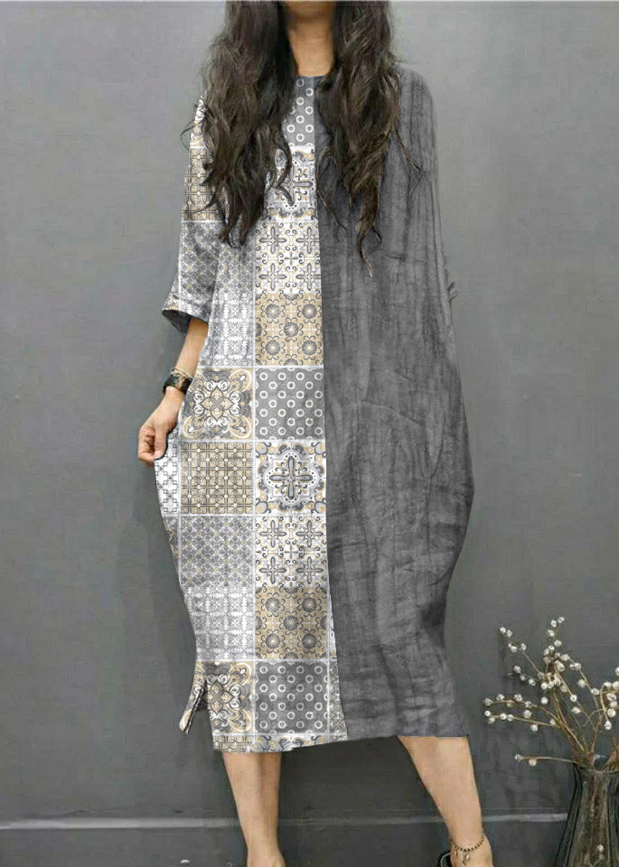 Grey Linen Batwing Side-Open Dress