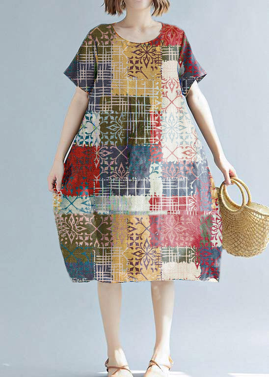 Simple tunics made of cotton-linen with white print, wild daily summer dress