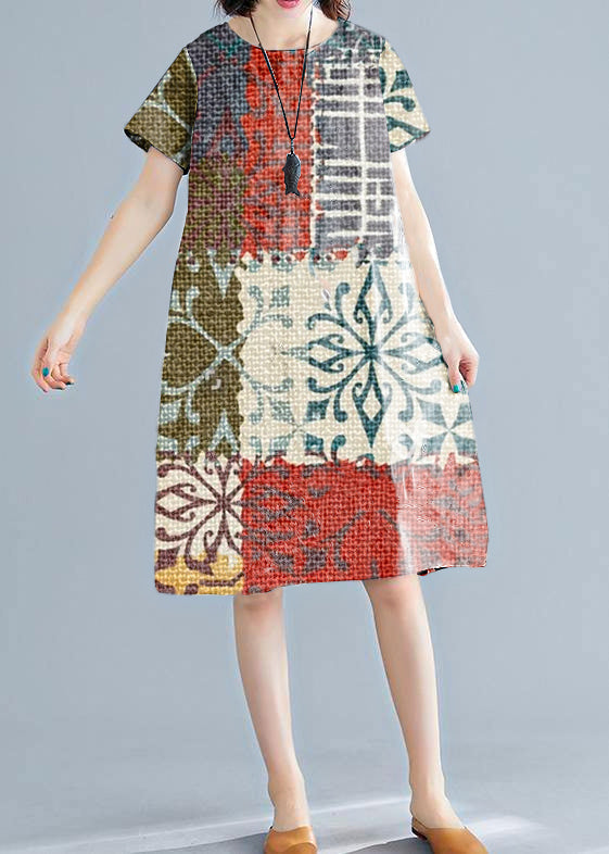 Elegant white printed linen dress with O-neck, short sleeve shift summer dress