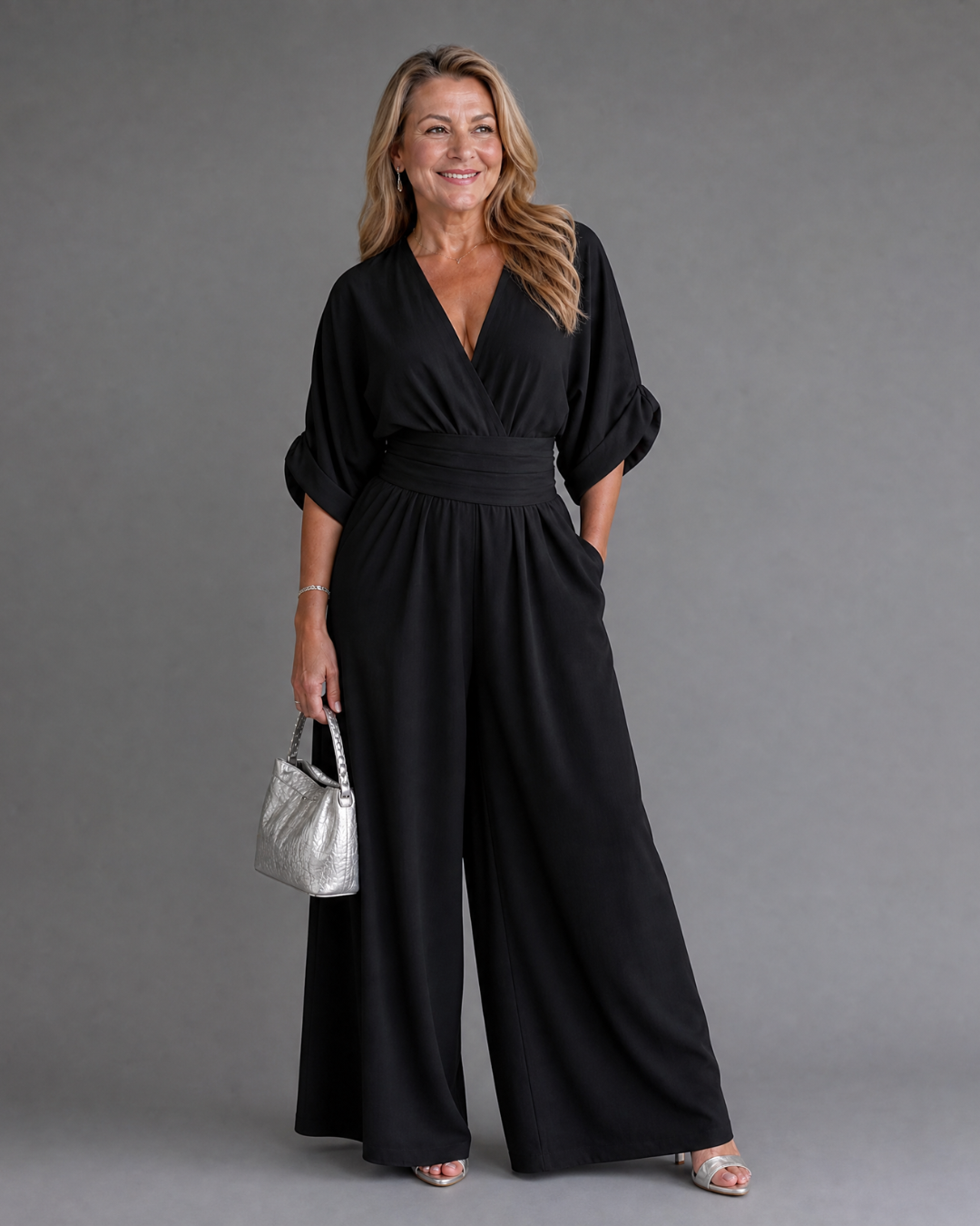 Emene | Draped V-Neck Wide-Leg Casual Jumpsuit