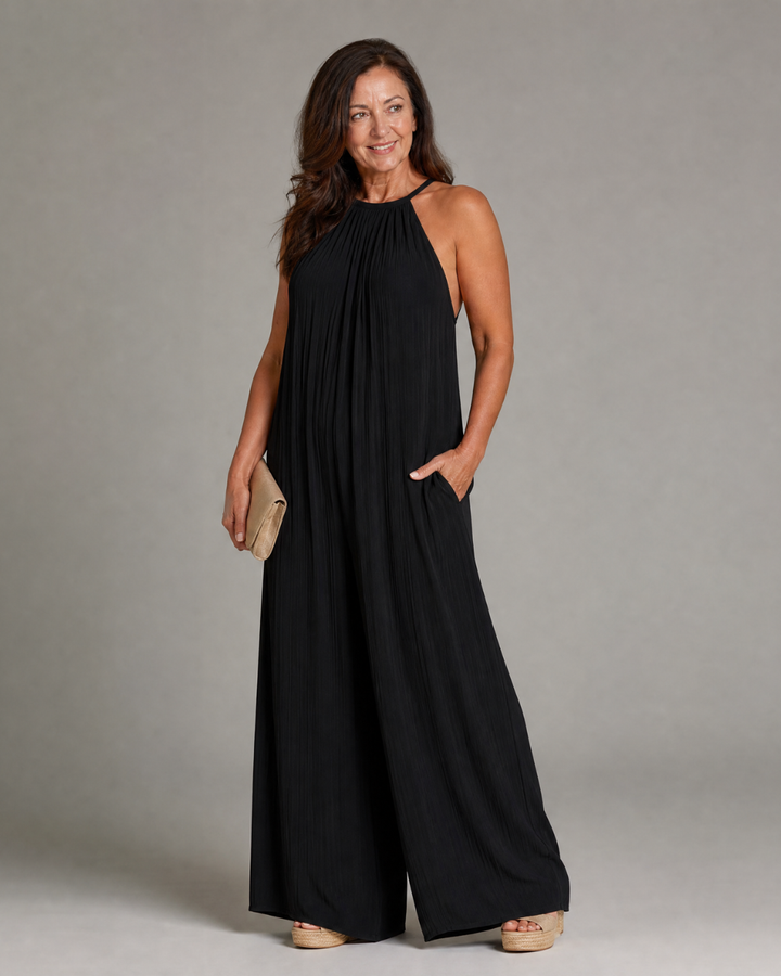 Sylvara | Pleated Halterneck Wide Leg Relaxed Jumpsuit