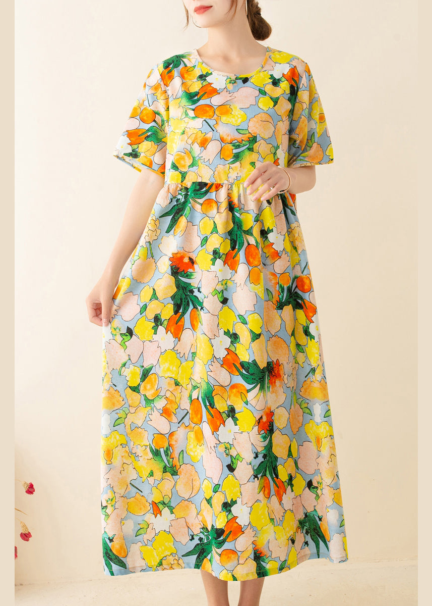 Yellow Print O-Neck Linen Tunic Dress
