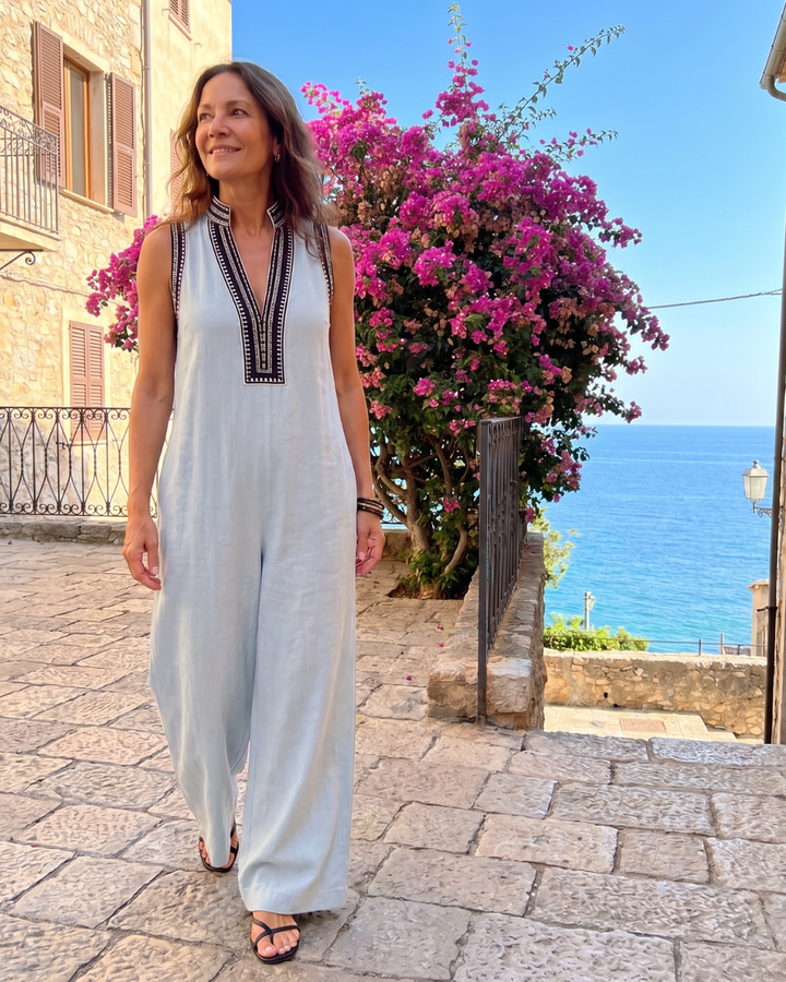 Velmira | Embroidered V-Neck Sleeveless Jumpsuit with Wide Leg
