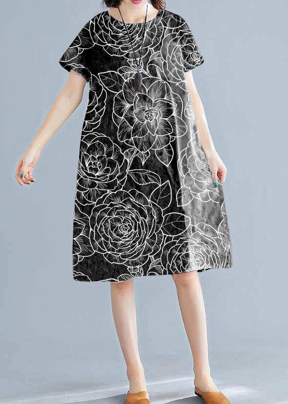 Elegant white printed linen dress with O-neck, short sleeve shift summer dress