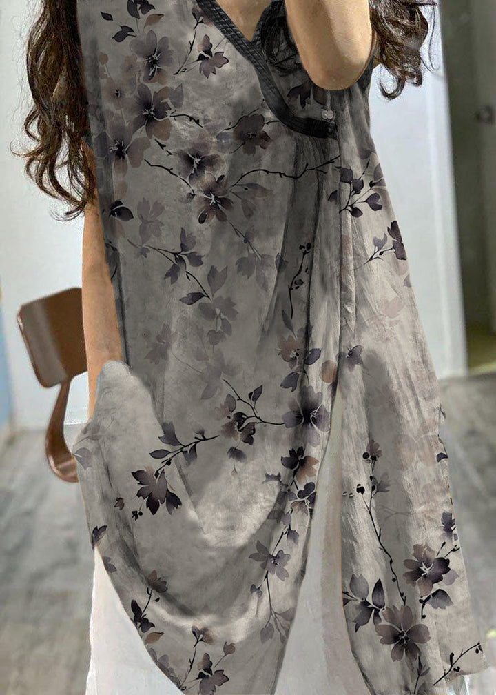 Simple V-neck Printed Linen Dress with Side Open Loose Fit
