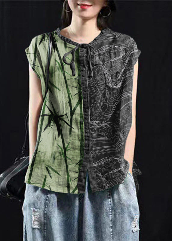 Black-Green Patchwork Ruffle Top Made from Organic Cotton with Short Sleeves