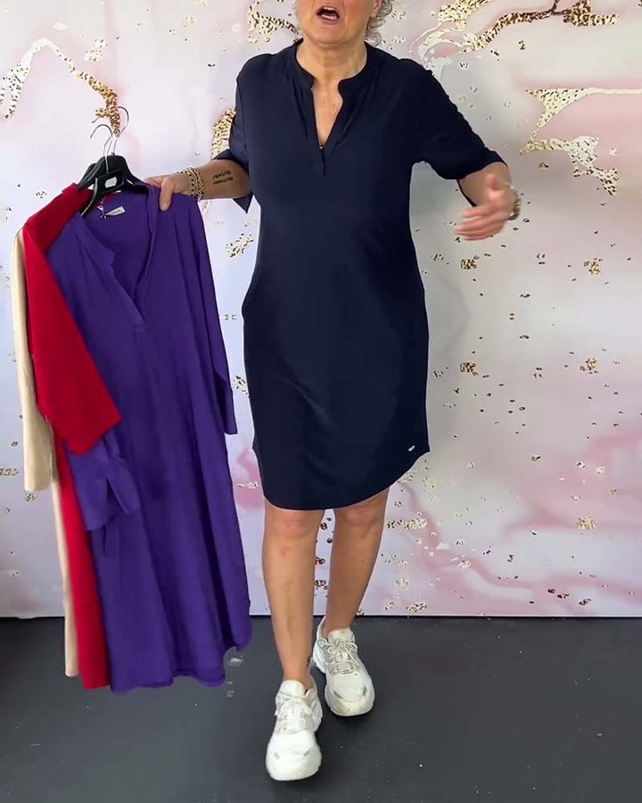 Solid V-Neck Casual Dress