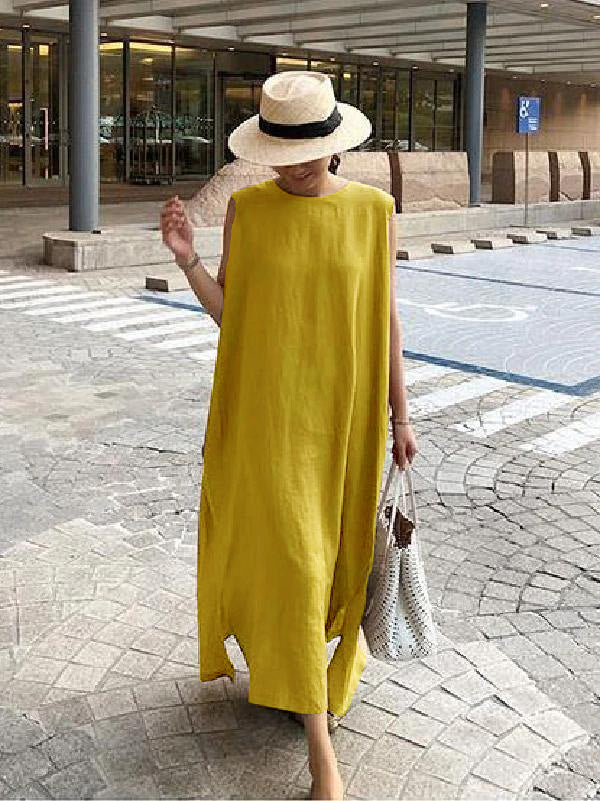 Khaki Side-Open Linen Cotton Dress