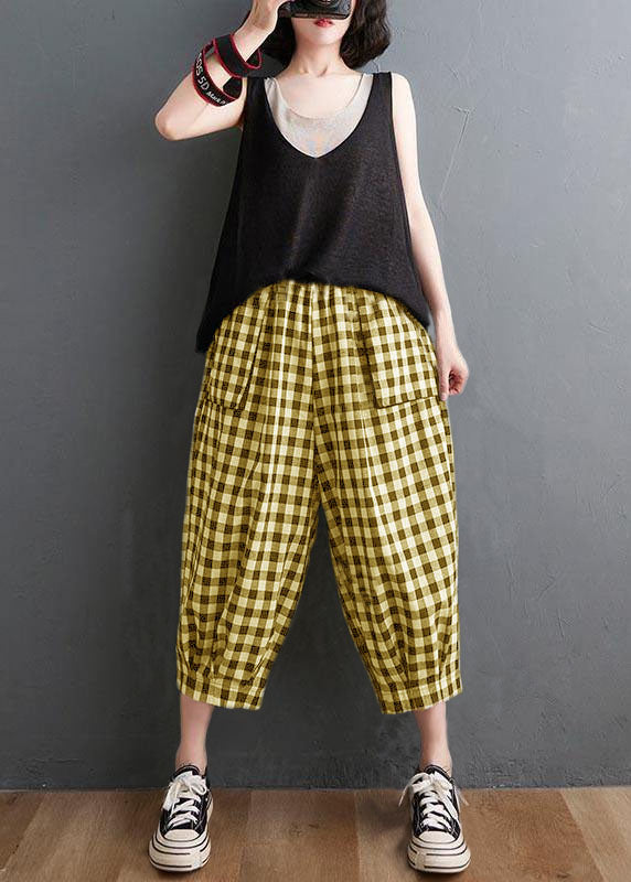 Plus Size Plaid Elastische Taille Lässige Haremshose Sommer Baumwolle Leinen