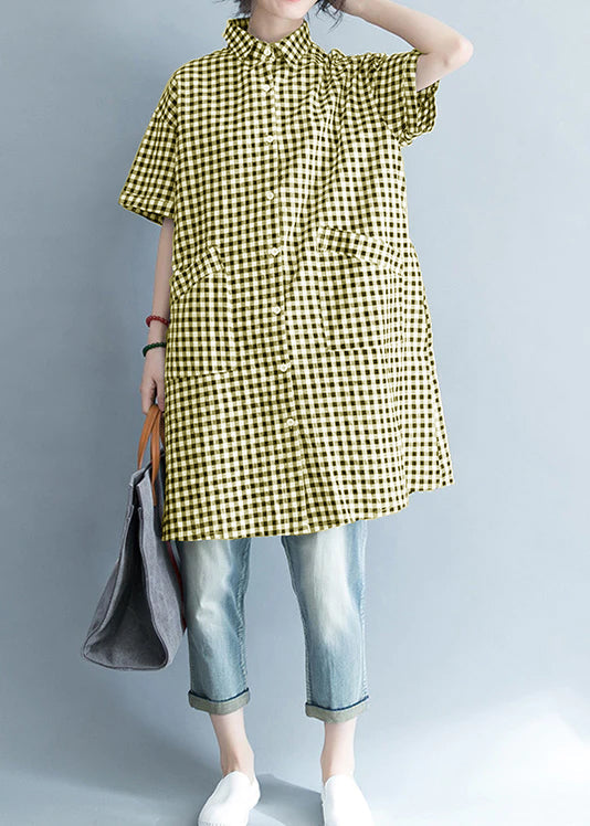 Unique Black and White Checkered Cotton-Linen Shirts for Women, Stylish Lapel Pockets, Oversized Summer Shirts