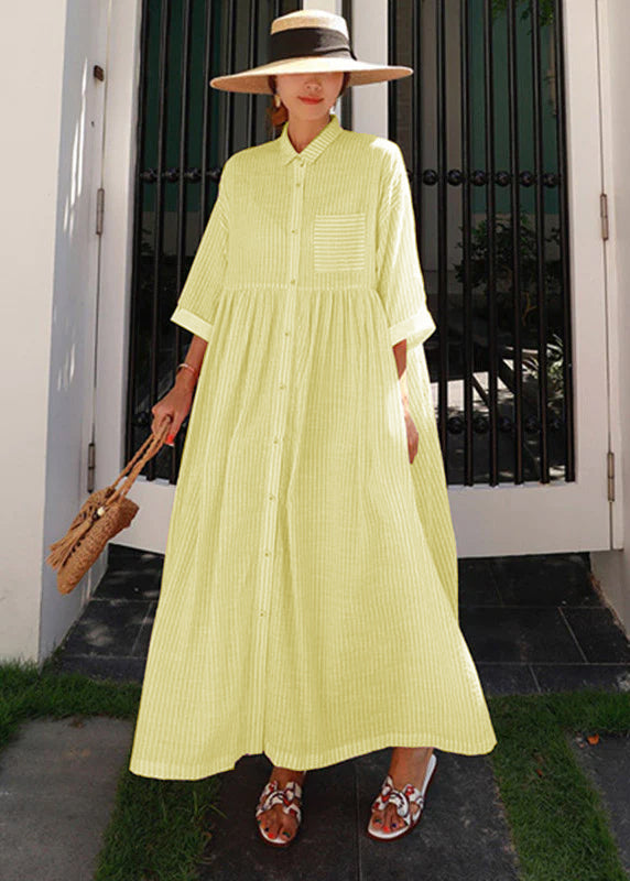 Bohemian Pink Peter Pan Collar, Striped Button Pockets, Pleated Long Dresses, Half Sleeves