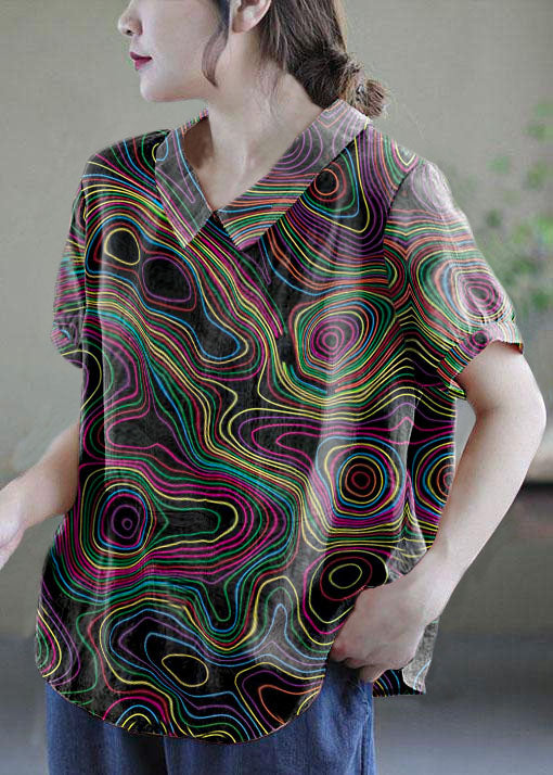 Women’s Pink Peter Pan Collar Patchwork Summer Ramie Shirts Short Sleeve