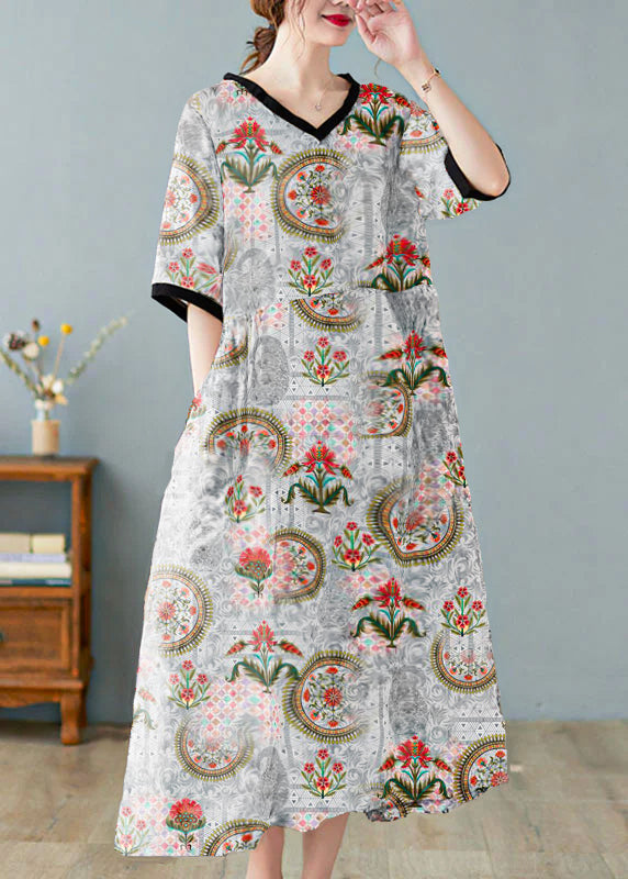 Boutique Khaki Linen Dresses with V-Neck and Short Sleeves