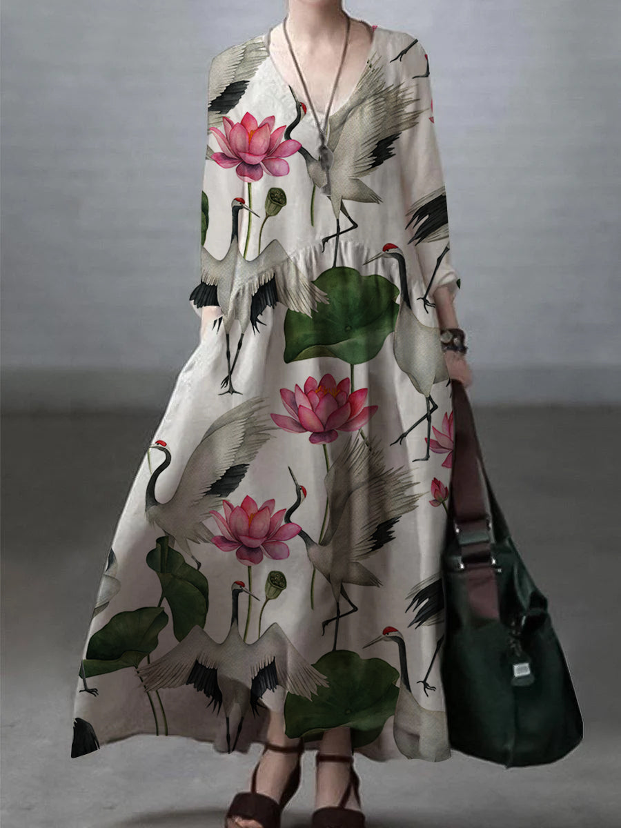 Simple and Casual Dress Made of Cotton and Linen with V-Neck