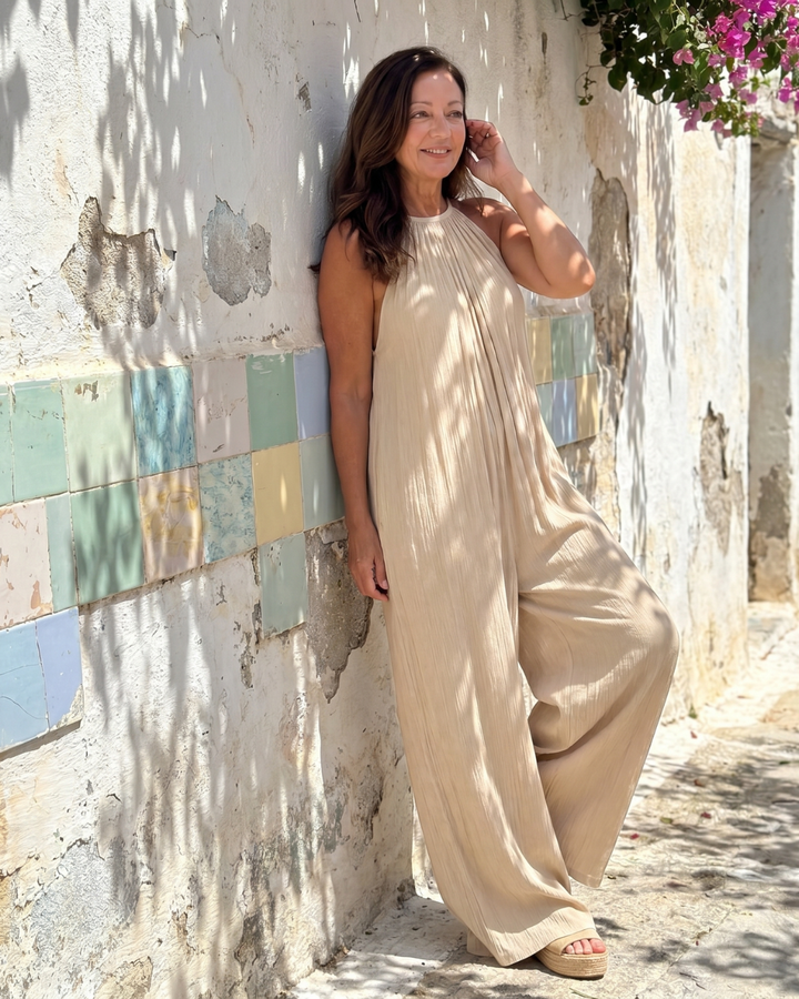 Sylvara | Pleated Halterneck Wide Leg Relaxed Jumpsuit