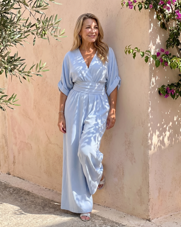Emene | Draped V-Neck Wide-Leg Casual Jumpsuit