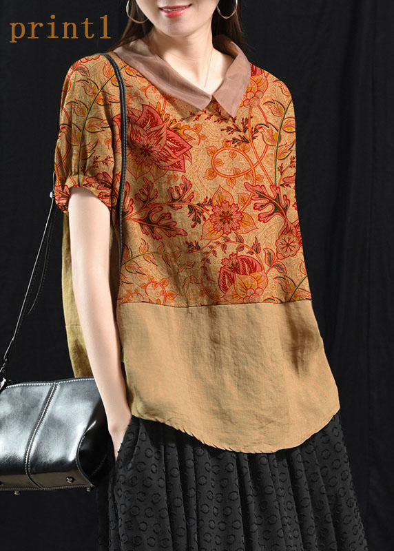 Bohemian Khaki Patchwork Collared Summer Short Sleeve Top