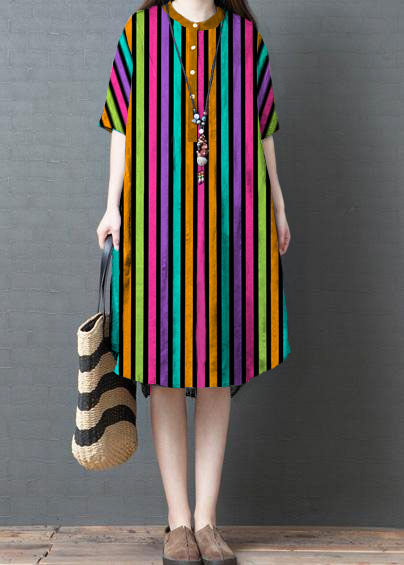 Black Striped Cotton Linen Tunic Dress