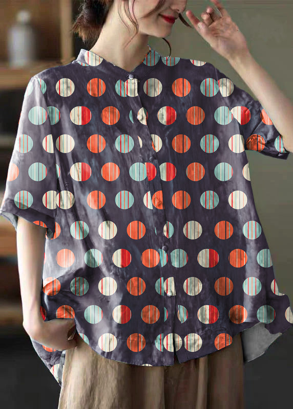 Grey Purple Printed Low-High Cotton Shirt