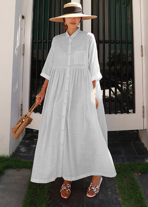 Bohemian Pink Peter Pan Collar, Striped Button Pockets, Pleated Long Dresses, Half Sleeves