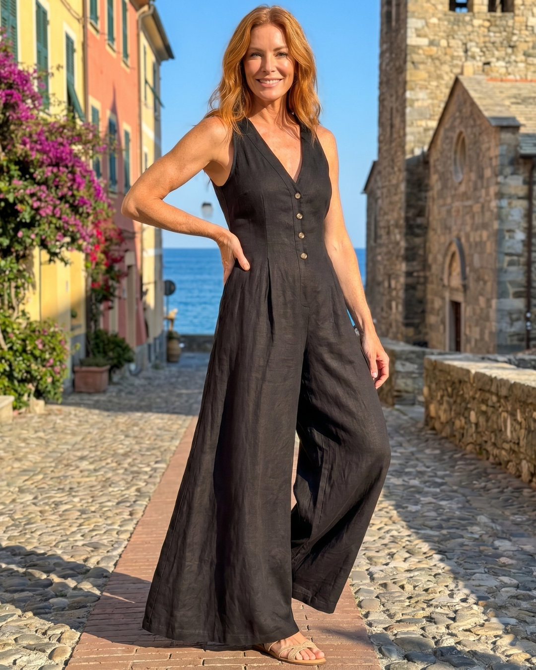 Lyssara | Sleeveless Jumpsuit with Button Closure and Wide Leg