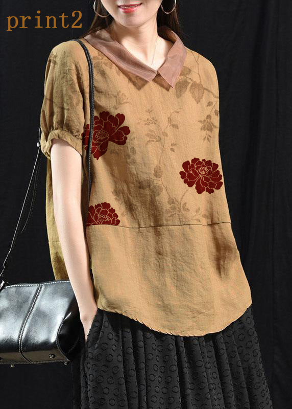 Bohemian Khaki Patchwork Collared Summer Short Sleeve Top