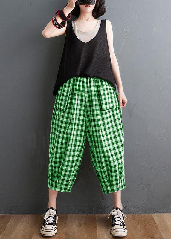 Plus Size Plaid Elastische Taille Lässige Haremshose Sommer Baumwolle Leinen