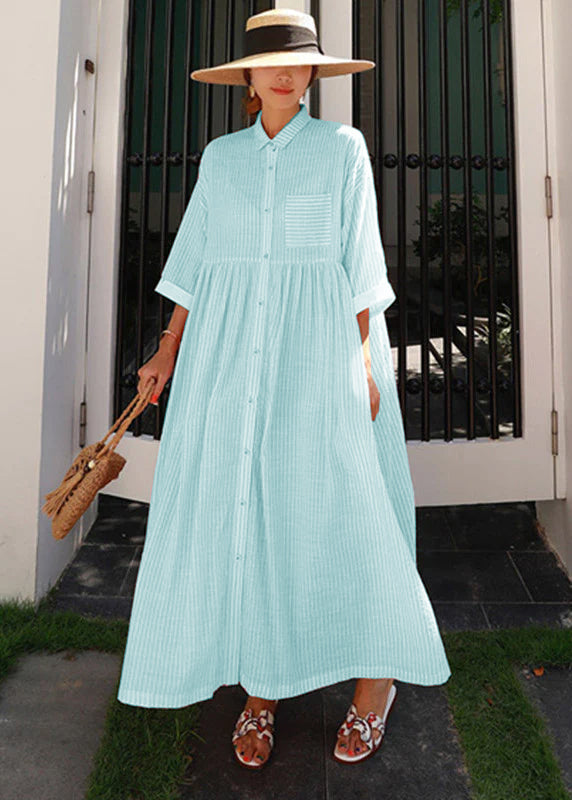Bohemian Pink Peter Pan Collar, Striped Button Pockets, Pleated Long Dresses, Half Sleeves