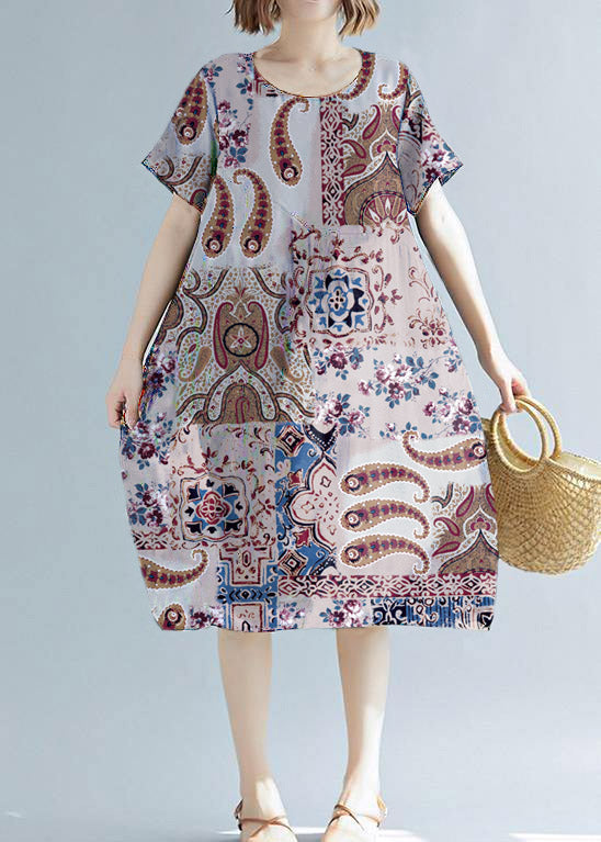 Simple tunics made of cotton-linen with white print, wild daily summer dress