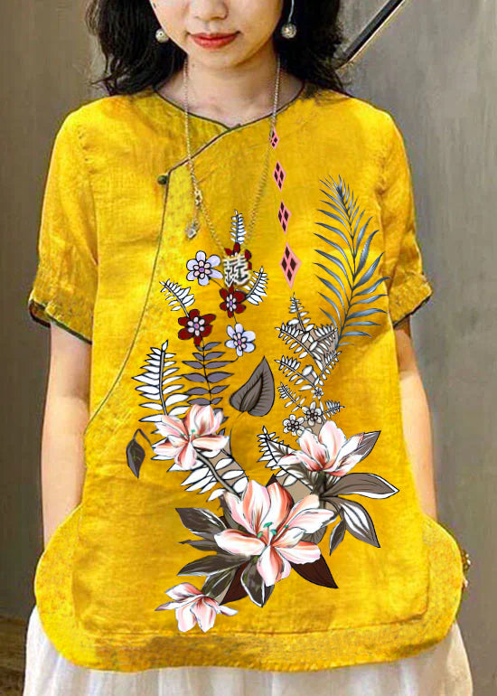 Yellow Embroidered Chinese Style Linen Top