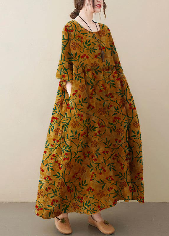 Yellow O-Neck Pocket Summer Dress